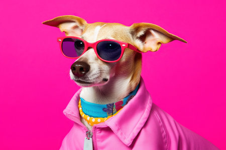 pop portrait of a dog with red sunglasses wearing a pink jacket over a vibrant pink backgroundの素材