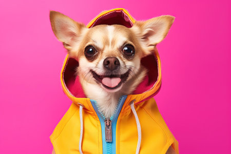 pop portrait of a happy dog on a yellow hooded jacket over a pink backgroundの素材