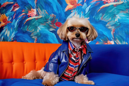 pop portrait of a dog on a blue leather jacketの素材