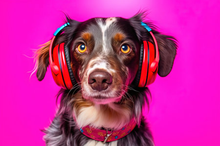 pop portrait of a dog listening musicの素材