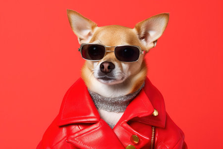 pop portrait of a dog with sunglasses wearing a red leather jacketの素材