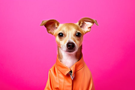 pop portrait of a dog wearing a jacket over a pink backgroundの素材