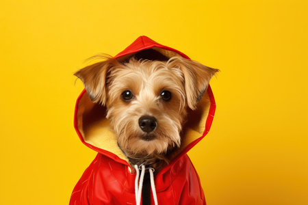 pop portrait of a dog on a red jacket over a yellow backgroundの素材