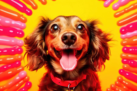 pop portrait of a happy dog with red collar over a yekkiw backgroundの素材