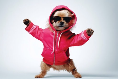 portrait of a dressed dog dancing over a white backgroundの素材