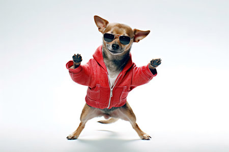 portrait of a dressed dog dancing over a white backgroundの素材