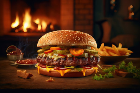 burger with american cheese pickles and letucce on a wooden plate next to a bowl of fries and a fireplace on the backgroundの素材
