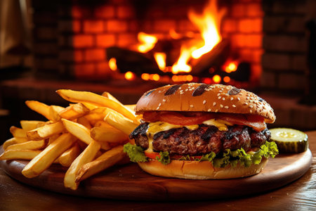 closeup up isolated burger with american cheese and fries on a wooden plate with a fireplace on the backgroundの素材