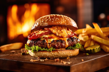 closeup up isolated big burger with melted cheese pickles tomatoes and lettuce on a wooden plate with fries. with a fireplace on the backgroundの素材