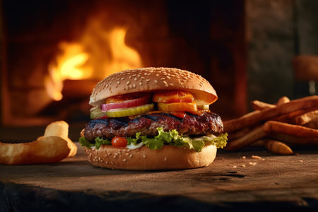 closeup up isolated burger with melted cheese and pickles on a wooden plate with fries and a fireplace on the backgroundの素材