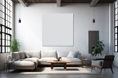 blank rectangular mockup frame on vertical position in a industrial living roomの素材