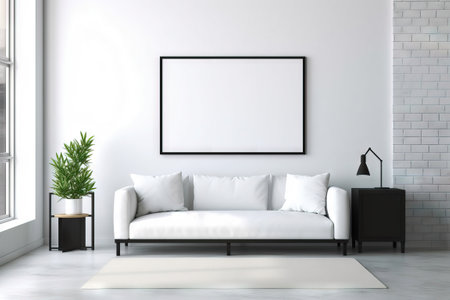 blank rectangular mockup frame on a minimalistic modern living room with a white couchの素材