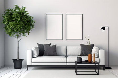 two rectangular mockup frames on vertical position in a minimalistic modern living roomの素材