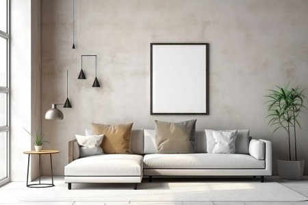 white rectangular mockup frame on vertical position on a modern living room with painted stone wallの素材