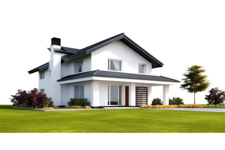 corner view of a modern house with front lawn and garageの素材