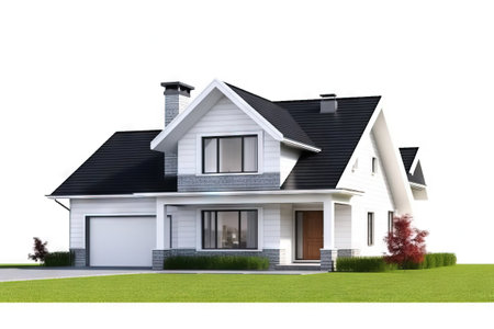 corner view of a modern wooden house with front lawn and garageの素材