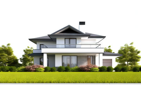 front view of a modern house with a big front lawn and garageの素材