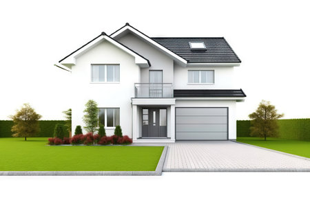 front view of a modern house with front lawn and garageの素材