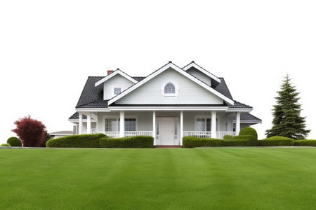 front view of a modern house with a big front lawnの素材