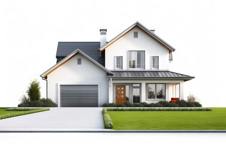 front view of a modern house with front lawn and garageの素材