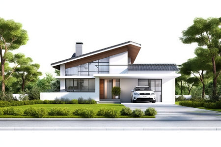 front view of a modern house with front lawn, trees and garageの素材