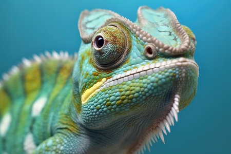 big eye chameleon portrait over a blue backgroundの素材