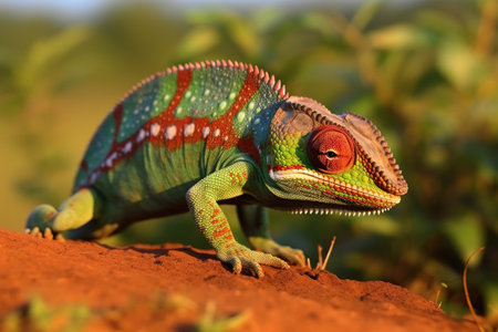 red and green chameleon walking on red sandの素材