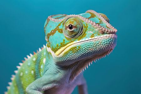 blue and green chameleon portrait with a blue backgroundの素材