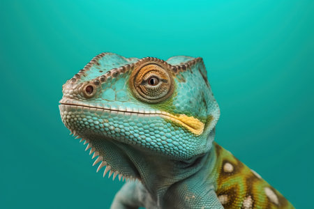 young chameleon portrait over a green backgroundの素材