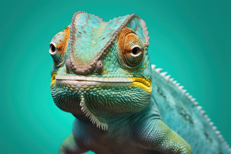 close up portrait chameleon with green backgroundの素材
