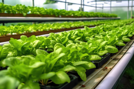 hydroponic vegetable crops in a greenhouseの素材