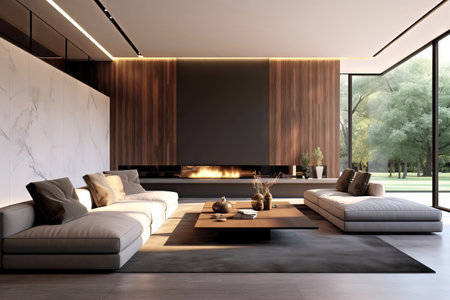modern living room with marble wall and a wooden fire place. good natural lightの素材