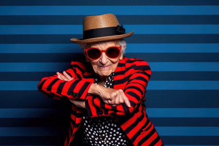 senior woman looking gangsta in front a blue striped backgroundの素材