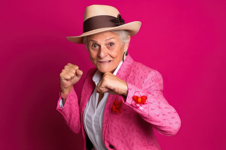 senior woman ready to fight in front of a pink backgroundの素材