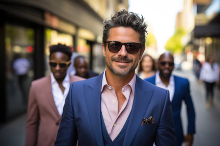 young handsome businessman wearing a blue suit walking on the street with grat hairの素材