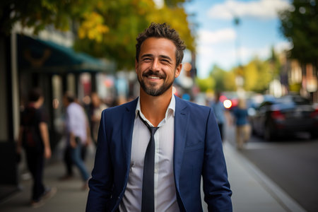 portrait of a young businessman walking on the street wearing a suitの素材