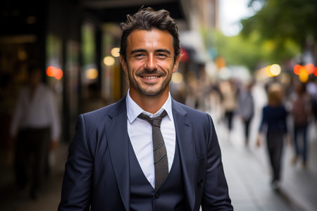 middle age businessman smiling portrait on the streetの素材