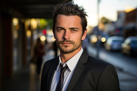 close portrait of a young businessman at golden hourの素材