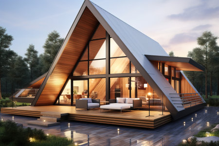 big gable roof house with a wooden interior at blue hourの素材