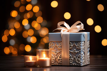 christmas present wrapped with a ribbon with candles on the side. christmas tree bokeh on the background. copy space.の素材
