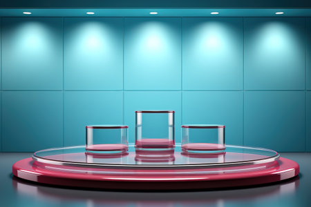 three glass product display presentation or showcase pedestal with a green background illuminated by led lightの素材