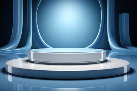 white cylindrical product display presentation or showcase pedestal with a blue futuristic background with a led light pointの素材