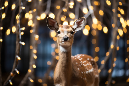 deer portrait with a christmas bokeh backgroundの素材
