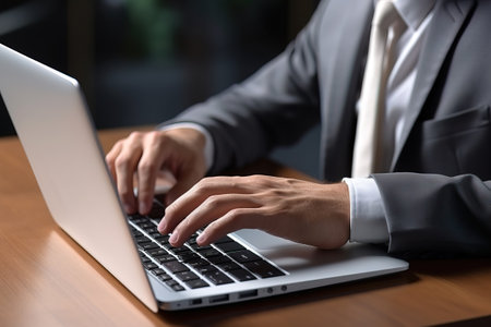 white businessman on a suit typing on a laptopの素材