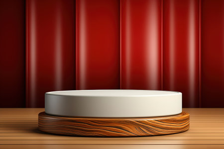 white cylindrical product display presentation or showcase pedestal over a wooden pedestal against a red curtain backgroundの素材