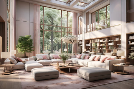 modern luxury living room with double height ceilings two large couches and a libraryの素材
