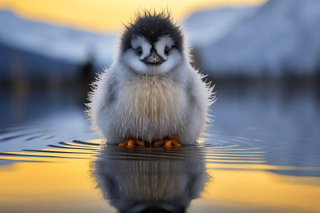 baby penguin standing over shallow water on winter time with mountains in the backの素材