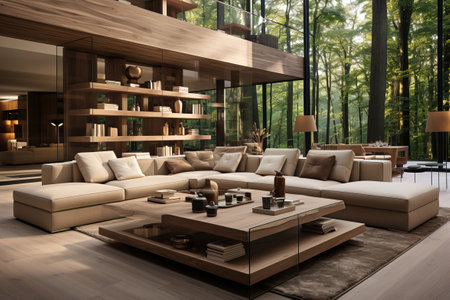 Modern living room with double-height ceiling and a view of a forestの素材