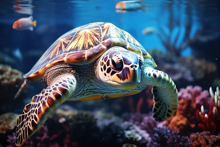 turtle swimming in a coral reef. ocean. blue waterの素材