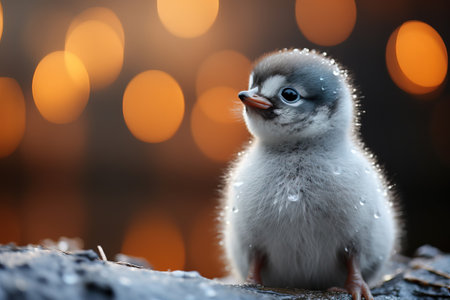 baby penguin with water drops over a orange bokeh background with copy space.の素材